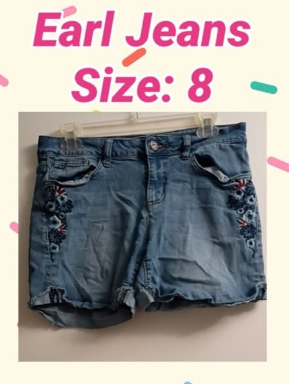 Earl Jeans Light Blue Denim Shorts with Floral Embroidery